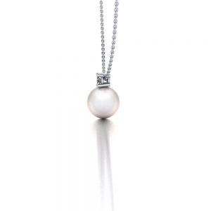 White gold Akoya pearl and diamond pendant necklace side view