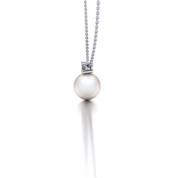 White gold Akoya pearl and diamond pendant necklace side view