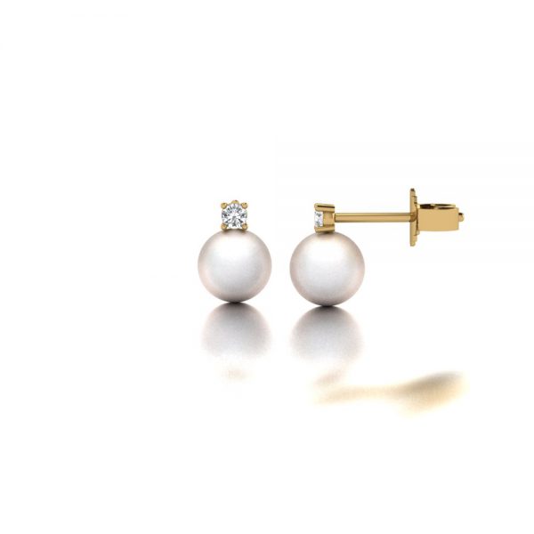 Yellow gold Akoya pearl and diamond stud earrings side view