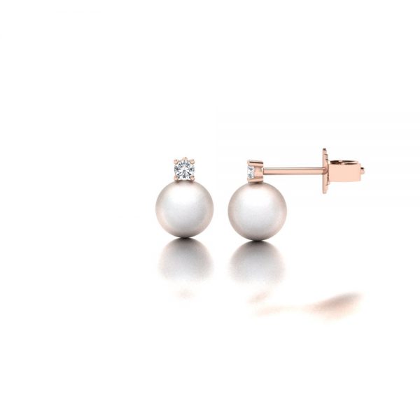 Rose gold Akoya pearl and diamond stud earrings side view