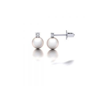 White gold Akoya pearl and diamond stud earrings side view