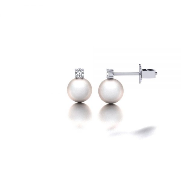 White gold Akoya pearl and diamond stud earrings side view