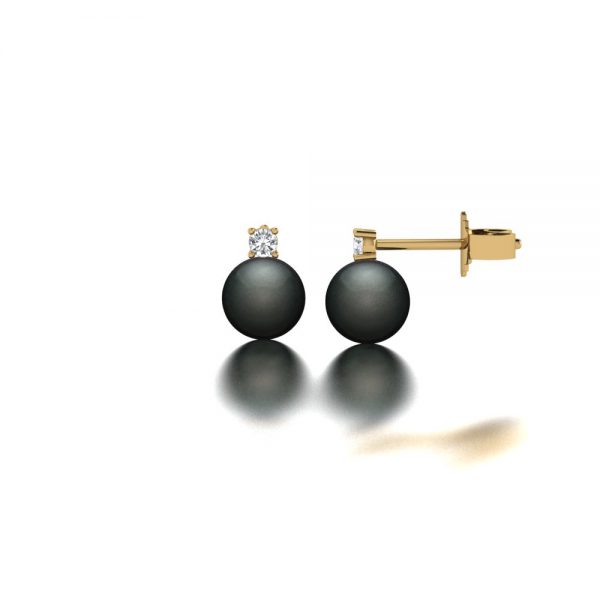 Yellow gold Tahitian pearl and diamond stud earrings side view