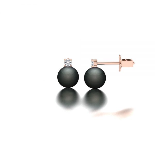 Rose gold Tahitian pearl and diamond stud earrings side view