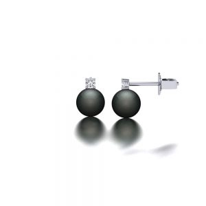 White gold Tahitian pearl and diamond stud earrings side view