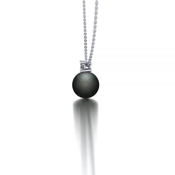 White gold Tahitian pearl and diamond pendant necklace side view