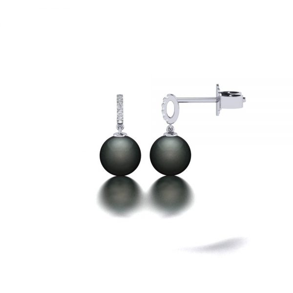 White gold Tahitian pearl and diamond earrings side view