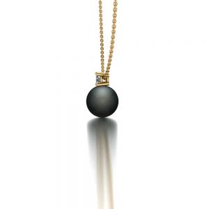 Yellow gold Tahitian pearl and diamond pendant necklace side view
