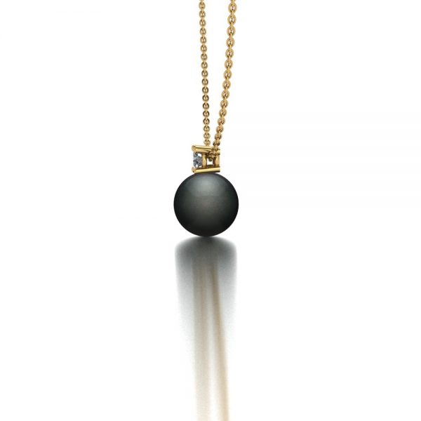 Yellow gold Tahitian pearl and diamond pendant necklace side view