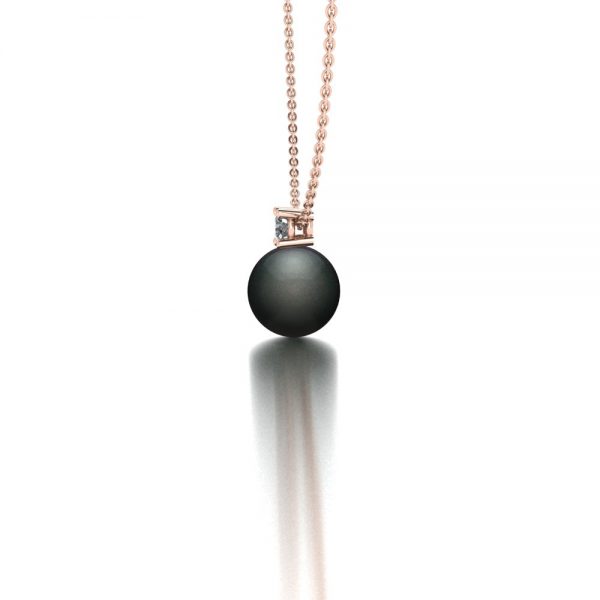 Rose gold Tahitian pearl and diamond pendant necklace side view