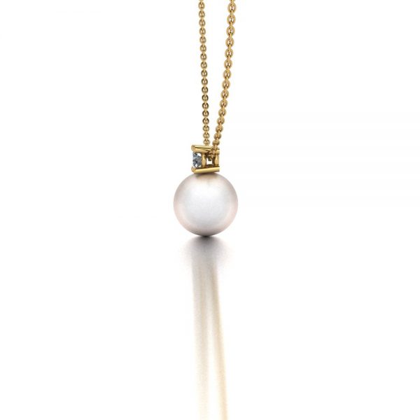 Yellow gold Akoya pearl and diamond pendant necklace side view