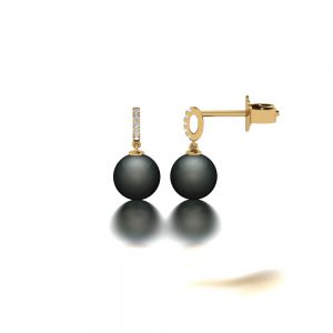 Yellow gold Tahitian pearl and diamond earrings side view