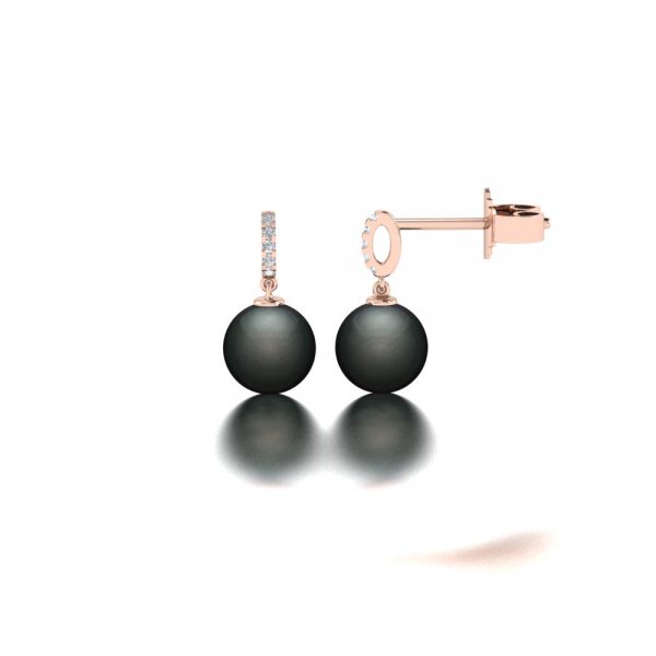 Rose gold Tahitian pearl and diamond earrings side view