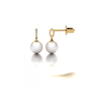 Yellow gold Akoya pearl and diamond earrings side view