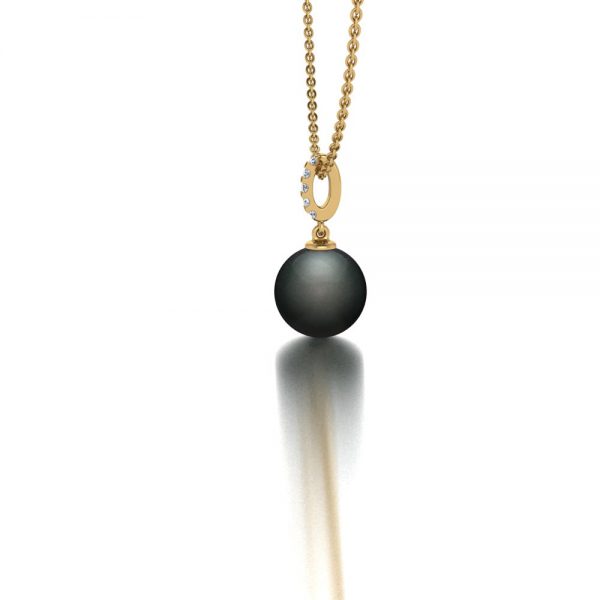Yellow gold Tahitian pearl and diamond necklace side view