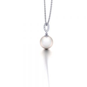 White gold Akoya pearl and diamond necklace side view