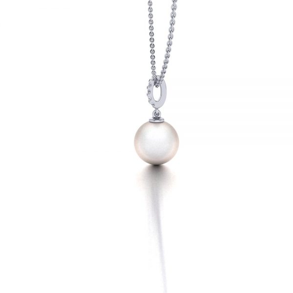 White gold Akoya pearl and diamond necklace side view